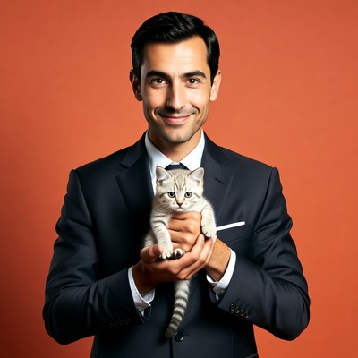 Man holding kitten in suit