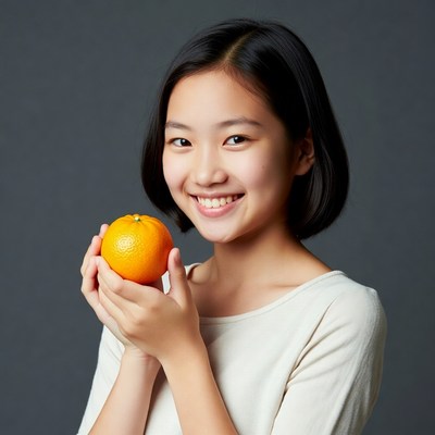 Asian girl holding orange