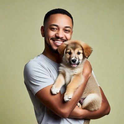 African-American man holding puppy
