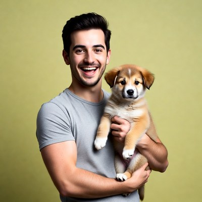 Man holding cute puppy