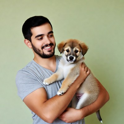 Man holding cute puppy