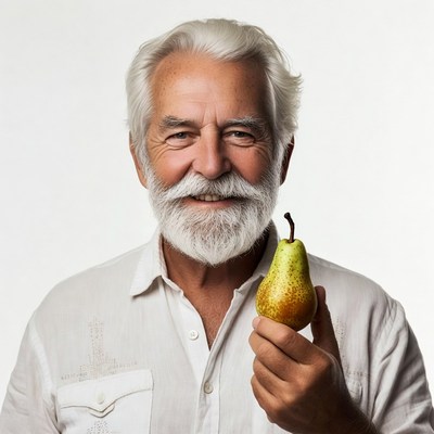 Elderly man holding green pear