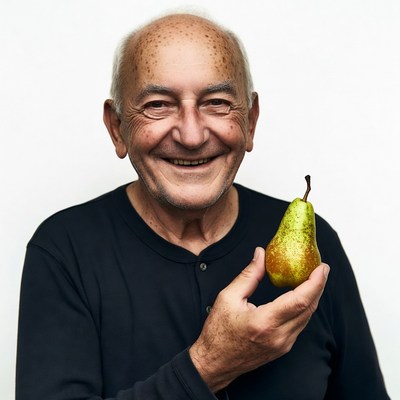 Elderly man holding green pear