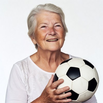 Elderly woman holding soccer ball