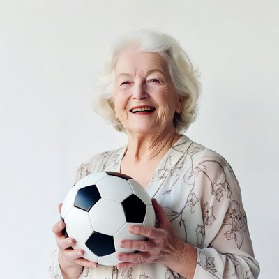 Elderly woman holding soccer ball