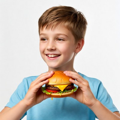 Boy holding cheeseburger