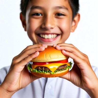 Asian boy holding burger