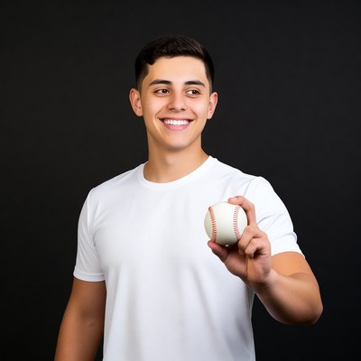 Young Latino man holding baseball