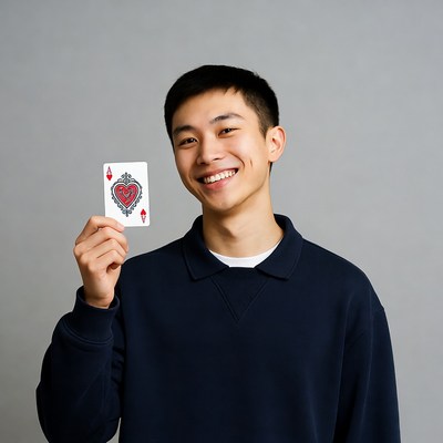 Asian man holding Queen of Hearts card