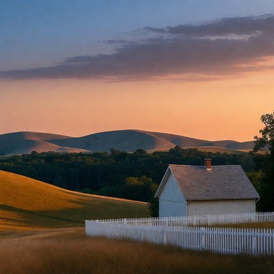 White farmhouse at golden hour sunset
