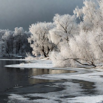 Frost-covered trees by frozen lake