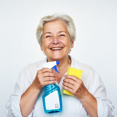 Elderly woman holding spray bottle sponge