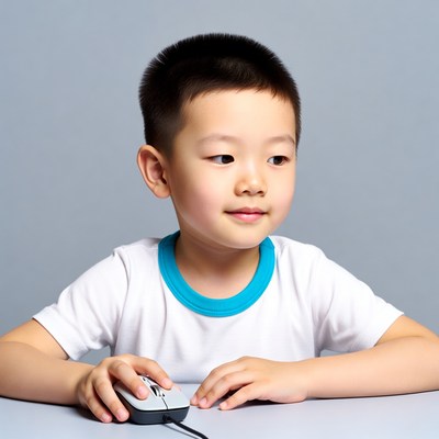 Asian boy holding computer mouse