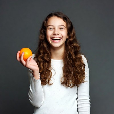 Girl holding orange smiling