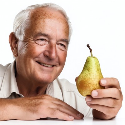 Elderly man holding pear