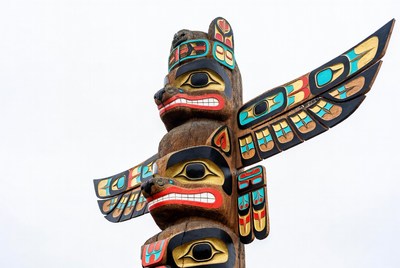 Colorful Totem Pole with Eagle and Wolf