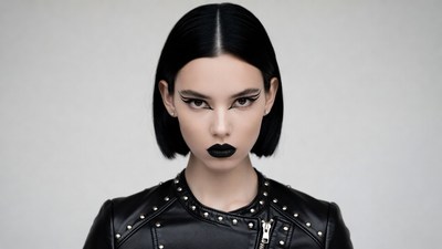 Asian woman in black leather jacket