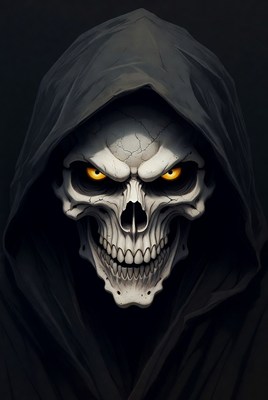 Skull in Black Hood with Glowing Eyes