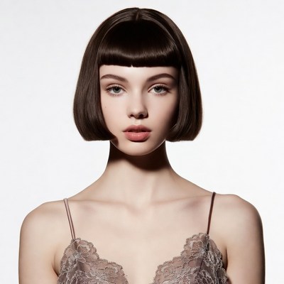 Woman with Blunt Bangs in Lace Camisole