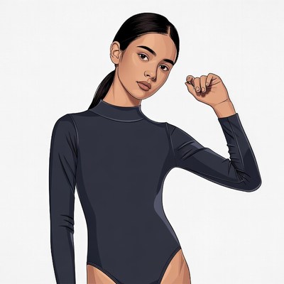 Asian woman posing in black bodysuit