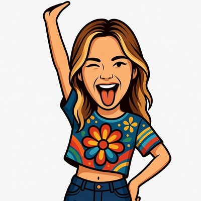 Cartoon girl sticking tongue out raising hand