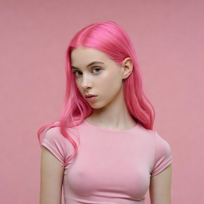 Girl with pink hair on pink background