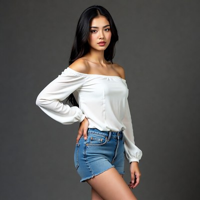 Asian woman in off-shoulder top and shorts