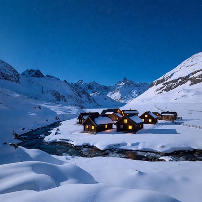 Snowy Mountain Chalets at Night
