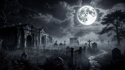 Moonlit Gothic Cemetery at Night