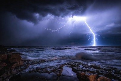 Lightning Storm Over Ocean Rocks