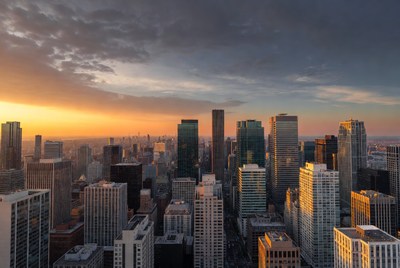 City skyline at sunset