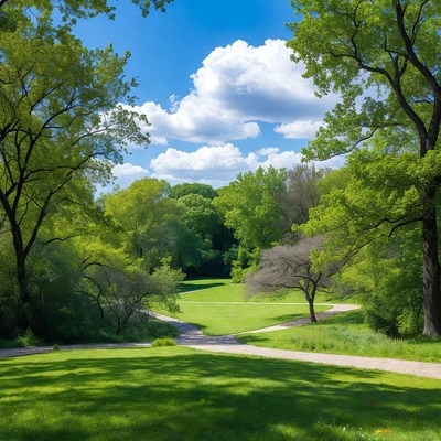 Green park path under blue sky