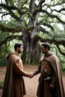 Two Men Shaking Hands Under Oak Tree