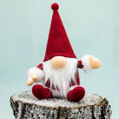 Red Christmas Gnome on Snowy Stump