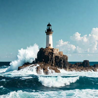 Lighthouse on rocky island with crashing waves