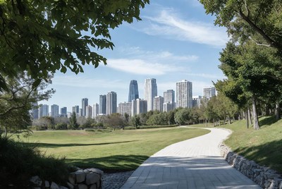 City skyline framed by green trees