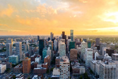 Aerial City Skyline at Sunset