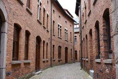 Narrow Cobblestone Alley Between Brick Buildings