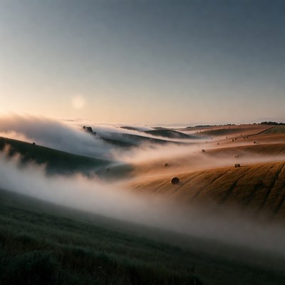 Hay bales in foggy rolling hills