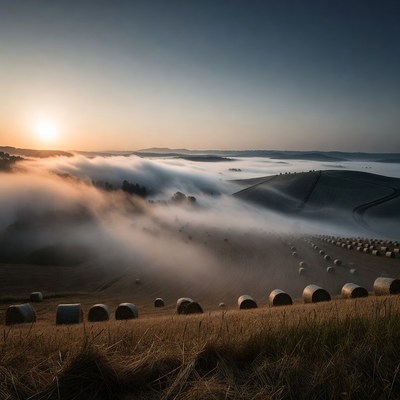 Hay bales in foggy sunrise valley