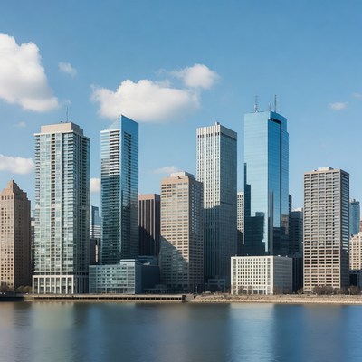 Modern skyscrapers along river waterfront