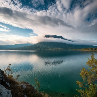 Mountain shrouded in clouds over lake