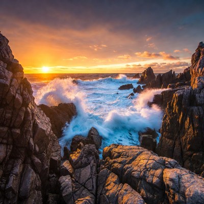 Ocean Waves Crashing Rocks at Sunset