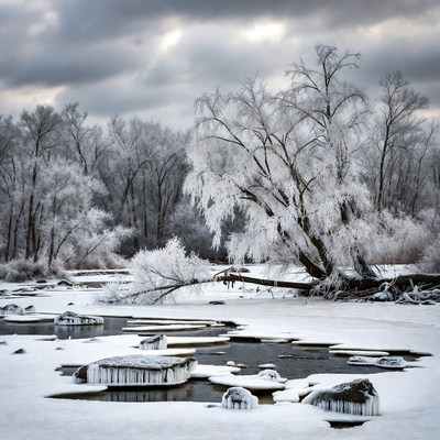 Snowy Willow Trees by Frozen River
