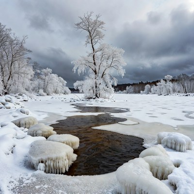 Winter River in Snowy Forest