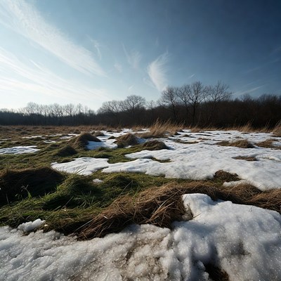 Snowy Grass Field Under Blue Sky