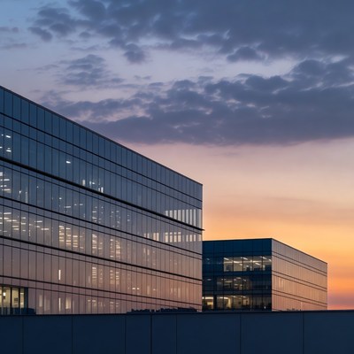 Modern Glass Office Buildings at Sunset