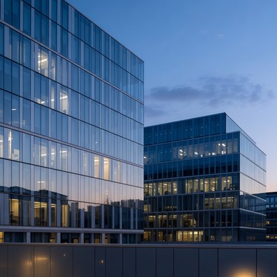 Modern Glass Office Buildings at Dusk
