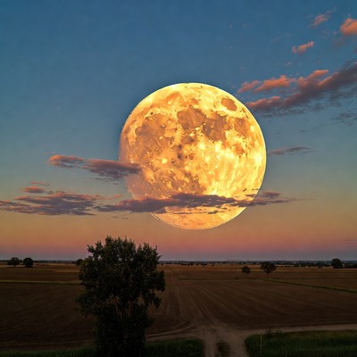 Large Golden Full Moon over Fields