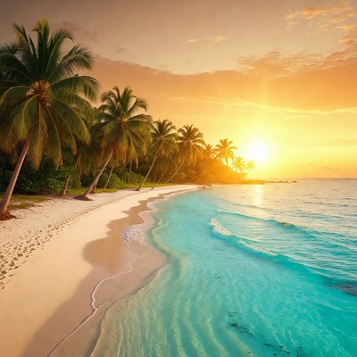 Tropical Beach Sunset with Palm Trees